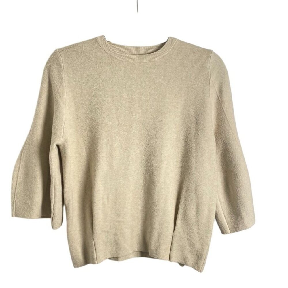 Structured Pin Tuck Sweater Beige Size Small 3/4 Bell Sleeves Round Neckline